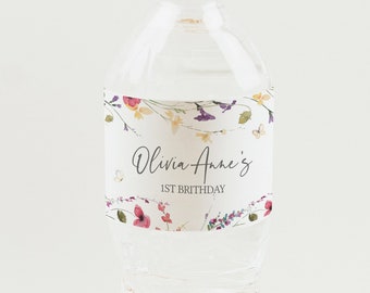 Editable Wildflower Water Bottle Label, Girl 1st Birthday Decor, Little Wildflower First Birthday Theme Instant Download Template BWF32