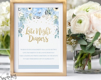 Baby Blue Floral, Late Night Diapers Boy, Diaper Game Sign, Diaper Message, Boy Floral Baby Shower Decor, Blue and Gold, Instant Download