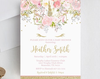 Unicorn Baby Shower Invitation Editable Template, Magical Baby Shower Invite, Pink Floral Unicorn Shower, Girl Baby Shower, Pink and Gold