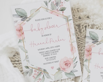 Editable Blush Pink Floral Baby Shower Invitation - Girl - Digital Download BPF01