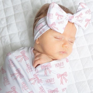 Pink Bow Swaddle, Coming home Baby Girl, Personalized Baby Girl Swaddle Blanket, Headband Gift, Coquette Aesthetic, The Juliette