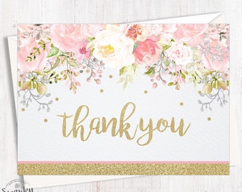 Blush Pink Floral Thank You Cards, Baby Shower, Thank You Card, Thank You, Pink and Gold Glitter, 4x6 Postcard Thank You or Folded Card