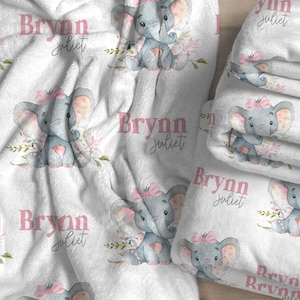 Pink Floral Elephant Blanket, Personalized Baby Girl Name Blanket, Floral Baby Name Blanket for Girl, Baby Shower Gift, The Elliana