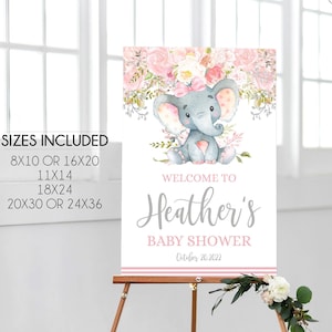 Editable Pink Floral Elephant Baby Shower Welcome Sign, Personalized Baby Shower Welcome Sign Baby Shower Sign, Pink and Gray Welcome Sign