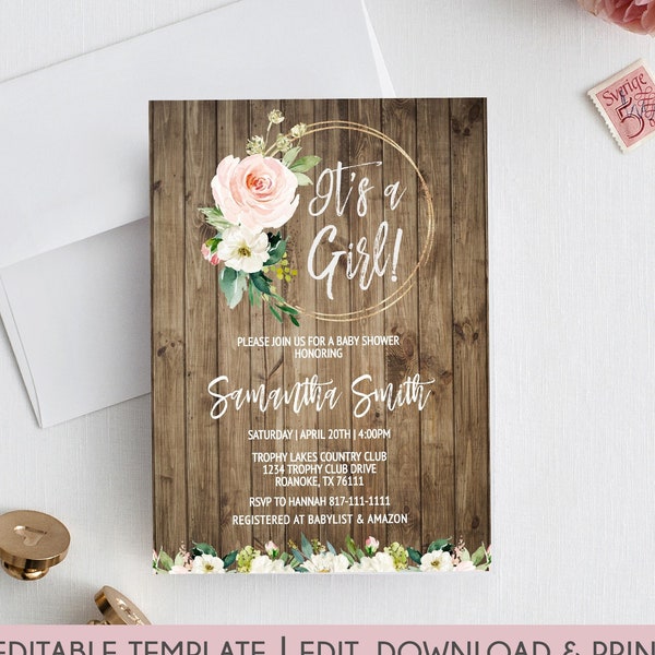 Rustic Floral Baby Shower Invitation, Boho Baby Shower Invitation, Girl Baby Shower Invitation, Baby Girl Shower, Wood Floral, Pink Flowers