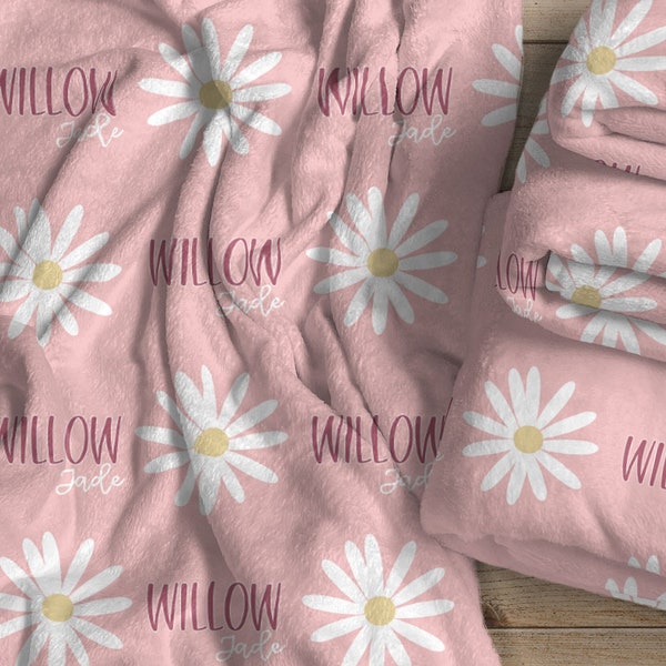 Custom Pink Daisy Name Blanket, Personalized Baby Gift, Daisy Blanket With Name, Boho Daisy Gift For Girl, Daisy Nursery, The Willow