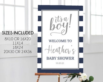 Navy and Gray Baby Shower Welcome Sign, Editable Personalized Boy Shower Sign, Blue and Gray Striped Welcome Sign, Printable File