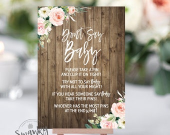 Rustic Floral Don't Say Baby Sign, Don't Say Baby Game Printable, Don't Say Baby Shower Game, Girl Baby Shower Game,INSTANT DOWNLOAD, RWF-18