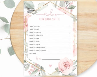 Editable Wishes for Baby Printable Card, Wishes for Baby Girl, Blush Pink Floral Well Wishes For Baby, Baby Shower Game Template Corjl BPF01