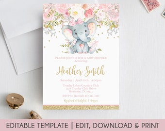 Elephant Baby Shower Invitations Editable Template, Pink and Gold Elephant Girl, Pink Elephant, Safari Baby Shower, Floral Elephant