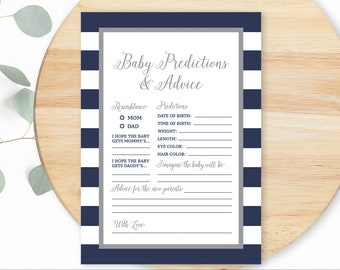 Printable Baby Predictions and Advice Cards, Navy and Gray Baby Predictions Game, Advice For Parents, Boy Baby Shower Game, Instant Download