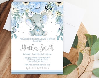 Blue and Gray Elephant Boy Baby Shower Invitations, Editable Blue Floral Elephant Invite, Blue Elephant, Safari Baby Shower, Boy elephant