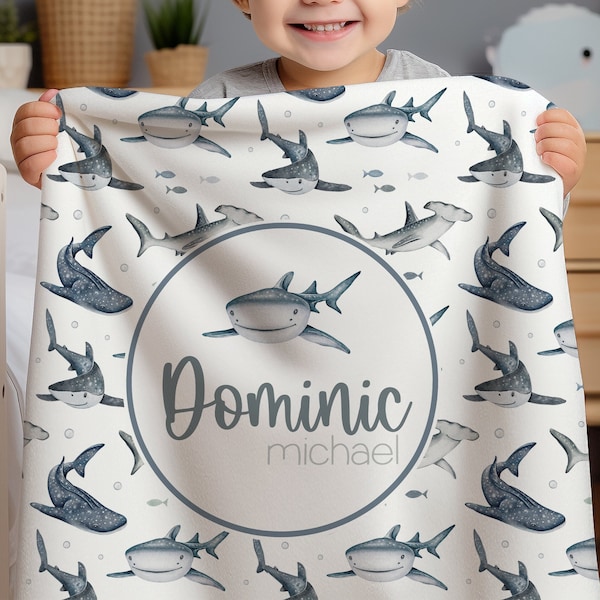 Personalized Shark Kids Blanket, Shark Pattern Minky Blanket, Sizes for Baby, Child, Teen, or Adult, Great Gift, The Jakob