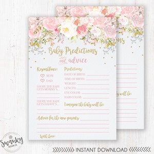 Prédictions de bébé et cartes de conseils, jeu de prédictions de bébé imprimable, conseils pour les nouveaux parents, conseils de douche de bébé fille, téléchargement immédiat