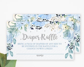 Blue and Silver Floral Diaper Raffle Ticket, Boy Shower Diaper Raffle Insert, Baby Blue and Silver, Instant Download, Blue Flowers