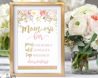 Floral Mimosa Bar Sign Printable, Momosa Sign, Floral Baby Shower Decor, Mimosa Printable, Pink and Gold, Gold Confetti, Instant Download