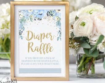 Blue Floral Baby Shower Diaper Raffle Sign, Printable Blue and Gold Diaper Raffle Sign, Blue Floral Baby Shower Decor, Instant Download, BG1