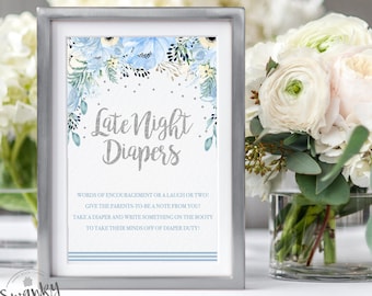 Baby Blue Floral, Late Night Diapers Boy, Diaper Game Sign, Diaper Message, Boy Floral Baby Shower Decor, Blue and Silver, Instant Download