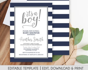 Navy and Gray Baby Shower Invitations, Boy Baby Shower Invitation, It's a Boy, Navy and Gray Invitation, Navy Stripe Baby Shower Invitation