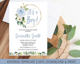 Editable Baby Shower Invitations For Boys, Boho Blue Floral Baby Shower Invitation, Baby Blue Flowers Shower Invite Blue Floral Invitations