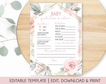 Editable Baby Predictions and Advice Card, Baby Predictions Game, Baby Shower Advice Cards, Baby Predictions Girl, Baby Predictions Game