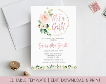 Baby Shower Invitation for Girl, Floral Blush Pink Invitation, Floral Wreath, Baby Girl Shower, Whimsical Invitation, Editable Template