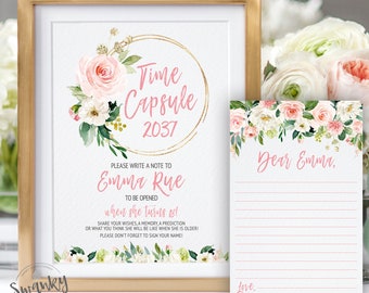 First Birthday Time Capsule Sign and Cards, Printable Time Capsule Sign Girl, Floral First Birthday, Floral Wreath Sign, Boho Floral Sign