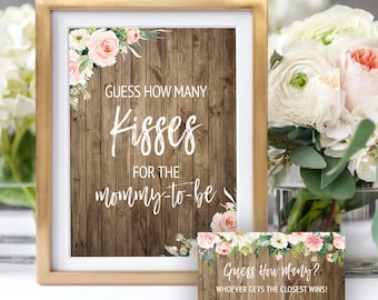 Guess How Many Kisses Sign And Cards, Printable Baby Shower Game, Blush Pink Floral, Girl Baby Shower Game, INSTANT DOWNLOAD