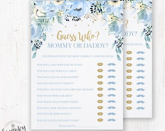 Mommy or Daddy Shower Game Card, Blue Floral Shower Game, Guess Who, Mommy or Daddy Quiz, Instant Download, Printable, Blue and Gold