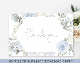 Baby Blue Floral Thank You Card Template, Editable Baby Shower Thank You, Editable Bridal Shower Thank You Card, Blue Floral Card BBF01