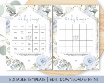 Blue Floral Baby Shower Bingo Printable Card, Prefilled Baby Shower Bingo Card, Blank Baby Bingo Template, Shower Games Editable, BBF01