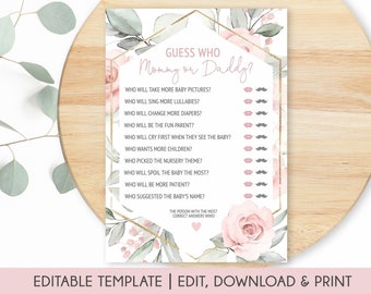 Blush Floral Mommy or Daddy Shower Game Card, Floral Shower Game, Guess Who Mommy or Daddy Quiz, Printable and Editable, Girl Shower Game