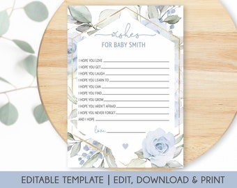 Editable Wishes for Baby Printable Card, Wishes for Baby Boy, Baby Blue Floral Well Wishes For Baby, Baby Shower Game Template Corjl BBF01