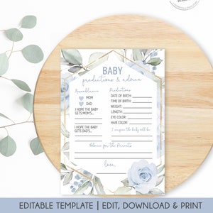 Ragazzo con scheda di previsioni e consigli per bambini, Previsioni per bambini floreali blu, Schede di consigli per baby shower, Gioco di previsioni per bambini, Download digitale BBF01