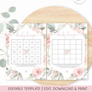 Cartão editável para impressão de bingo para chá de bebê, cartão de bingo pré-preenchido para chá de bebê, modelo de bingo para bebê em branco, jogos de chá floral blush, Corjl