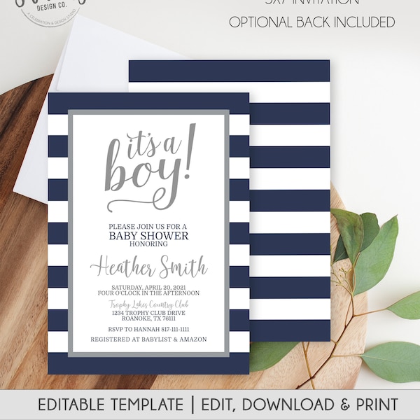 Navy and Gray Baby Shower Invitations, Boy Baby Shower Invitation, It's a Boy, Navy and Gray Invitation, Navy Stripe Baby Shower Invitation