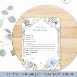 Deseos editables para tarjeta imprimible de bebé, deseos para bebé niño, deseos de bienestar floral azul bebé para bebé, plantilla de juego de baby shower Corjl BBF01