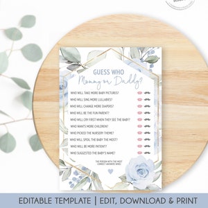 Scheda di gioco modificabile per la doccia di mamma o papà, gioco di doccia floreale blu, Indovina chi quiz di mamma o papà, gioco di doccia per ragazzi stampabile, BBF01