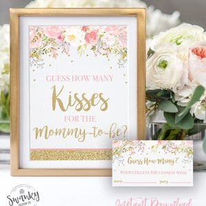 Raad eens hoeveel kussen teken en kaarten, afdrukbaar baby shower spel, blozen roze bloemen, meisje baby shower spel, INSTANT DOWNLOAD