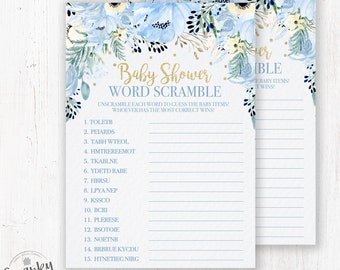 Baby Shower Word Scramble Game, Boy Baby Shower Game, Baby Shower Game Printable, Instant Download, Blue Flowers, Printable