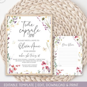 Wildflower First Birthday Time Capsule Sign and Cards, Printable Time Capsule Sign, Matching Printable Message Cards First Birthday BWF32