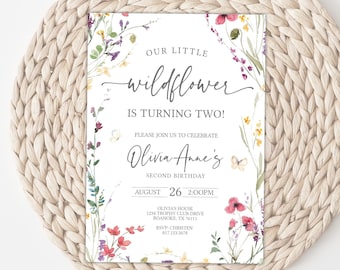 Wildflower Second Birthday Invitation Template, Our Little Wildflower is turning two, Wildflower Garden Butterfly, Girl 2nd Birthday BWF32