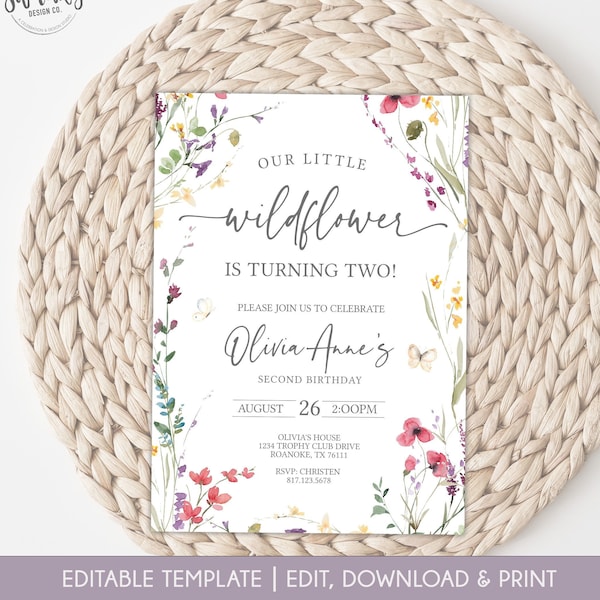 Wildflower Second Birthday Invitation Template, Our Little Wildflower is turning two, Wildflower Garden Butterfly, Girl 2nd Birthday BWF32