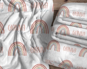 Boho Rainbow Personalized Baby Blanket With Name, Unique Birthday Gift for Girl, Baby Shower Gift For Girl, The Gianna