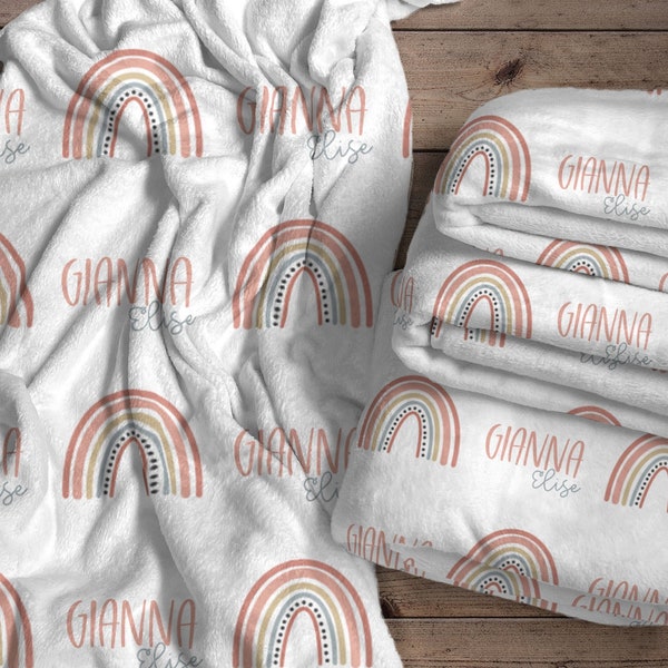 Boho Rainbow Personalized Baby Blanket With Name, Unique Birthday Gift for Girl, Baby Shower Gift For Girl, The Gianna
