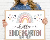 Boho Rainbow Hello Kindergarten Sign, First Day of Kindergarten Girl Sign, Printable School Sign Girl First Day Sign, Instant Download HBR21