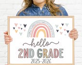 Boho Rainbow Hello Second Grade Sign, First Day of Second Grade Girl Sign, Printable School Sign Girl First Day Sign, Instant Download HBR21