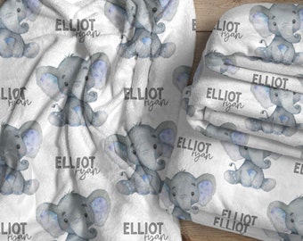 Personalized Elephant Blanket, Elephant Baby Blanket Boy, Custom Baby Boy Swaddle, Blue And Gray Elephant Blanket, The Elliot