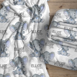 Personalized Elephant Blanket, Elephant Baby Blanket Boy, Custom Baby Boy Swaddle, Blue And Gray Elephant Blanket, The Elliot