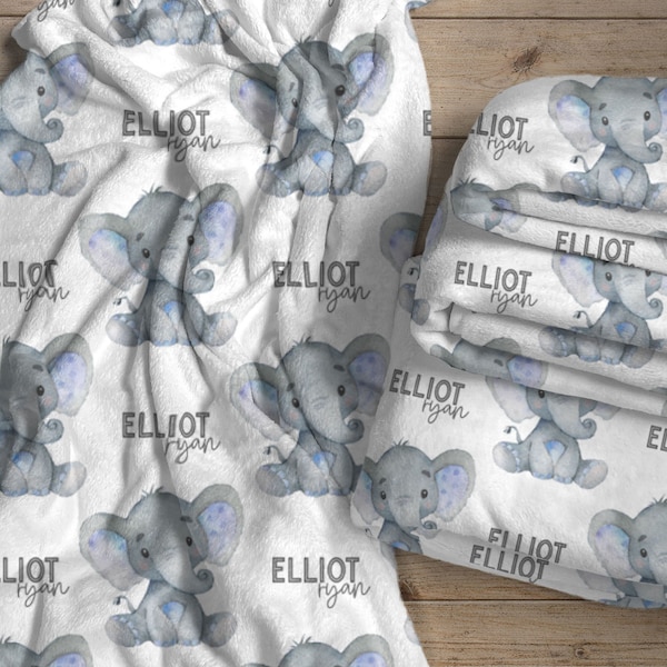 Personalized Elephant Blanket, Elephant Baby Blanket Boy, Custom Baby Boy Swaddle, Blue And Gray Elephant Blanket, The Elliot